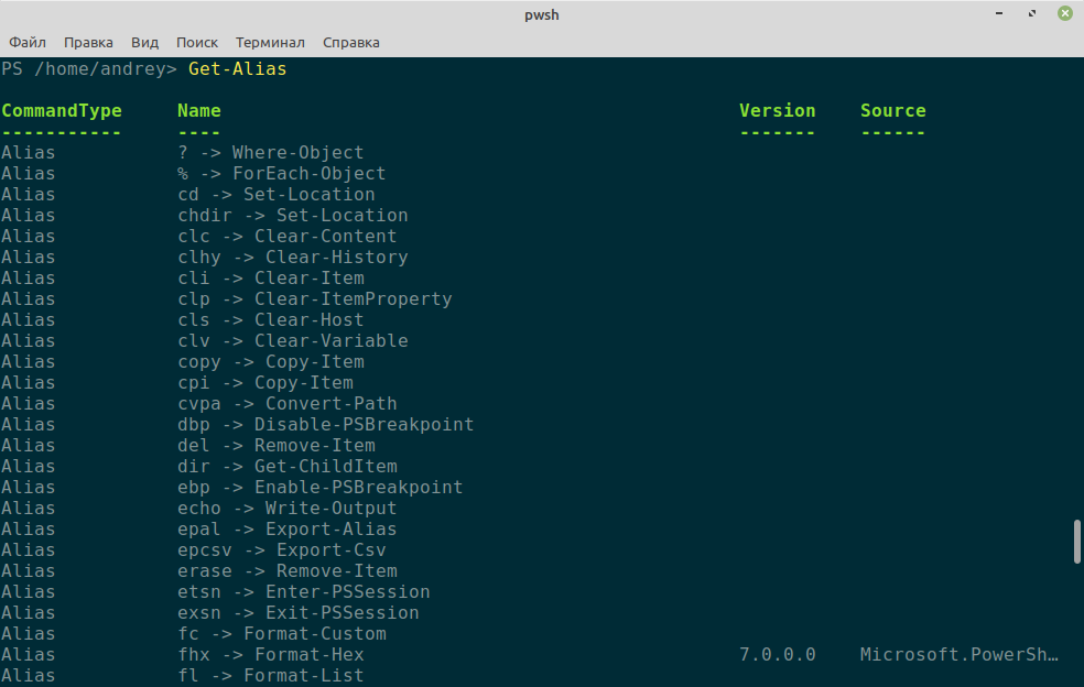 Получение полного списка псевдонимов c помощью команды Get-Alias
